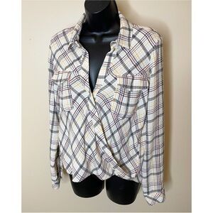 Splendid Driftwood Plaid Flannel Surplice Top